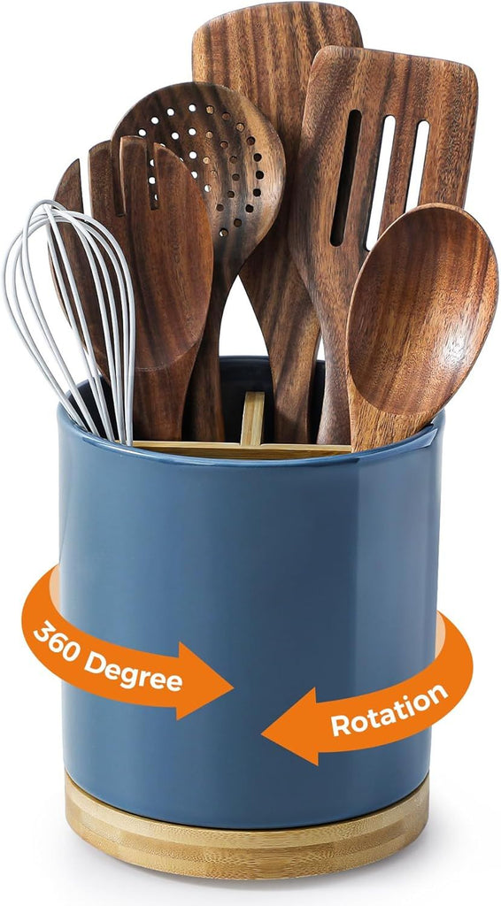 3 Compartment Utensil Holder, Extra Large Utensil Crock, Stable Ceramic Utensil Organizer, Cooking Tool Organizer Set for Kitchen Counter Farmhouse Decor, Blue