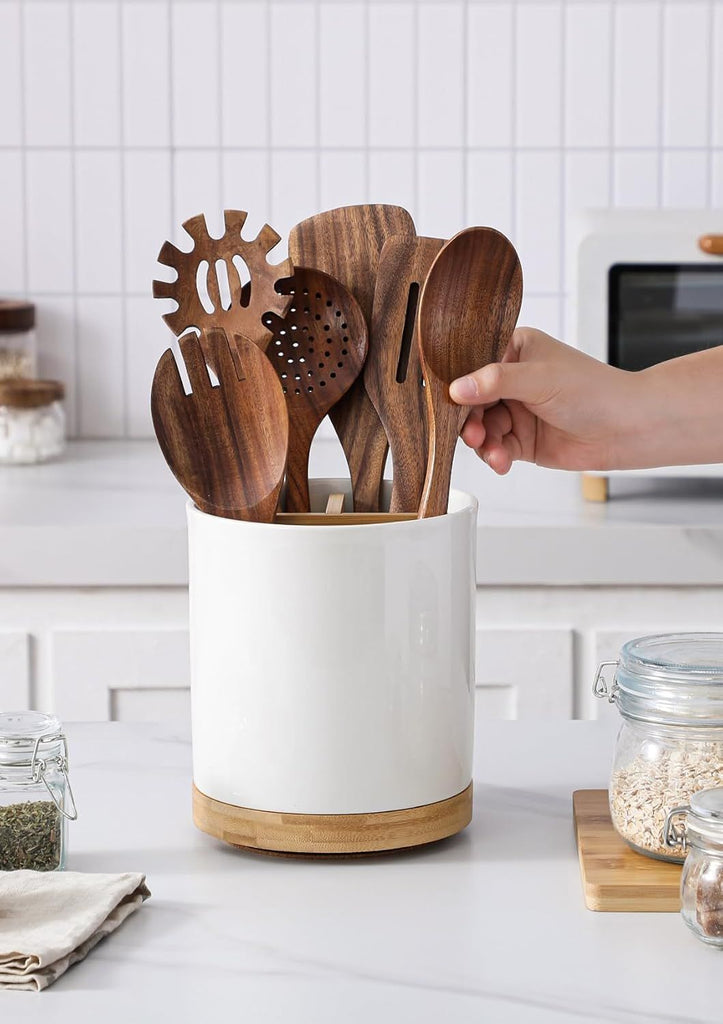 3 Compartment Utensil Holder, Extra Large Utensil Crock, Stable Ceramic Utensil Organizer, Cooking Tool Organizer Set for Kitchen Counter Farmhouse Decor (C-White(Grossy))