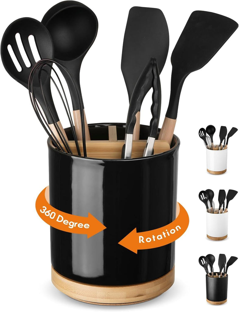 3 Compartment Utensil Holder, Extra Large Utensil Crock, Stable Ceramic Utensil Organizer, Cooking Tool Organizer Set for Kitchen Counter Farmhouse Decor (D-Black(Grossy))