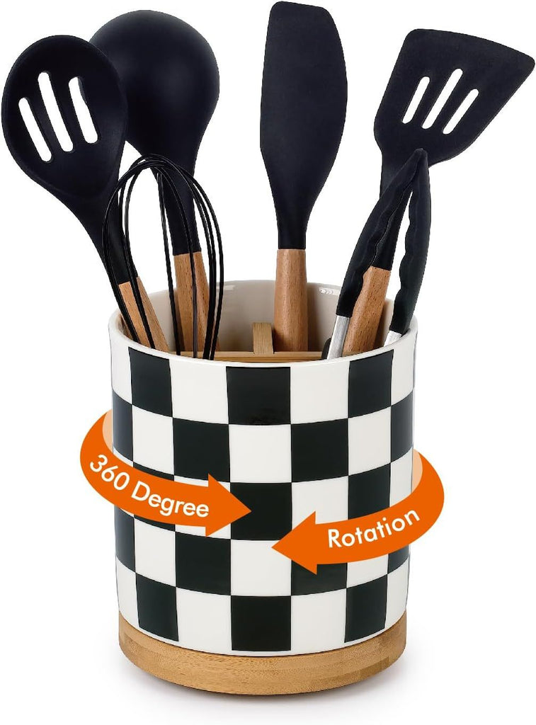 3 Compartment Utensil Holder, Extra Large Utensil Crock, Stable Ceramic Utensil Organizer, Cooking Tool Organizer Set for Kitchen Counter Farmhouse Decor (G-Black(Square))