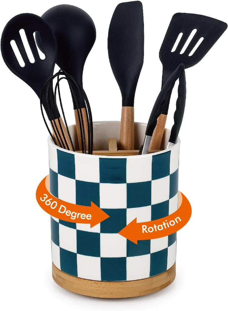 3 Compartment Utensil Holder, Extra Large Utensil Crock, Stable Ceramic Utensil Organizer, Cooking Tool Organizer Set for Kitchen Counter Farmhouse Decor (J-Deep Green(Square))