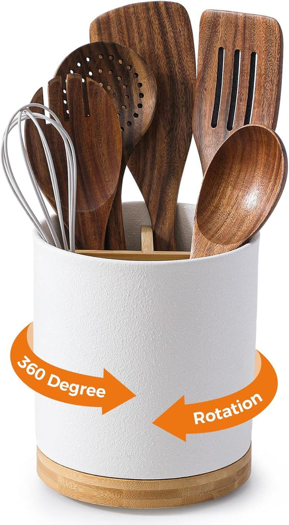 3 Compartment Utensil Holder, Extra Large Utensil Crock, Stable Ceramic Utensil Organizer, Cooking Tool Organizer Set for Kitchen Counter Farmhouse Decor, Textured White