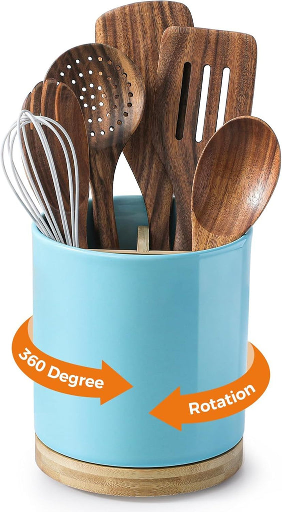 3 Compartment Utensil Holder, Extra Large Utensil Crock, Stable Ceramic Utensil Organizer, Cooking Tool Organizer Set for Kitchen Counter Farmhouse Decor, Turquoise