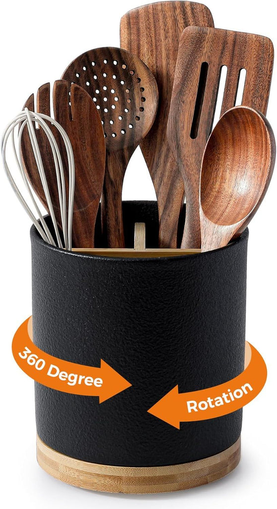 3 Compartment Utensil Holder, Extra Large Utensil Crock, Stable Ceramic Utensil Organizer, Cooking Tool Organizer Set for Kitchen Counter Farmhouse Decor,Textured Black