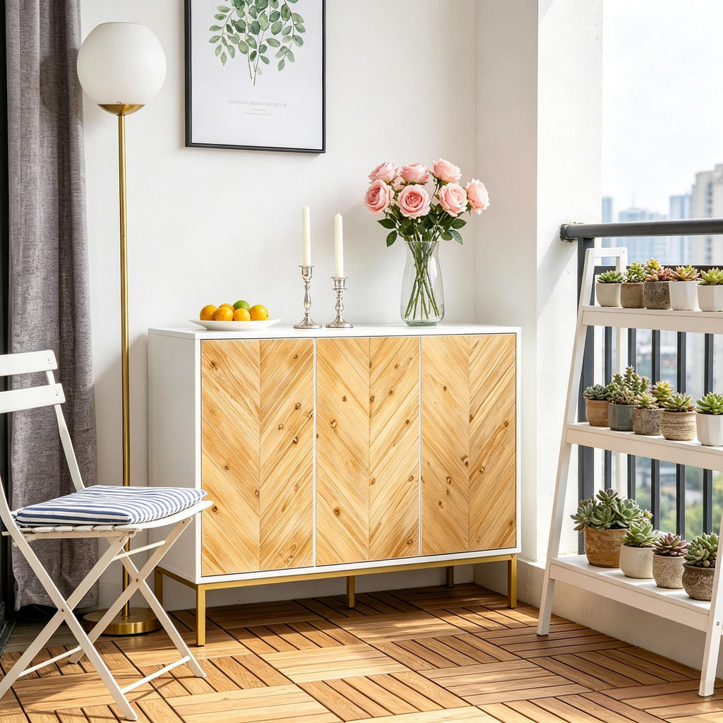 3 Door Sideboard Buffet Cabinet Coffee Bar with Chevron Pattern Natural Wood Adjustable Shelf Metal Legs Dining Room Storage