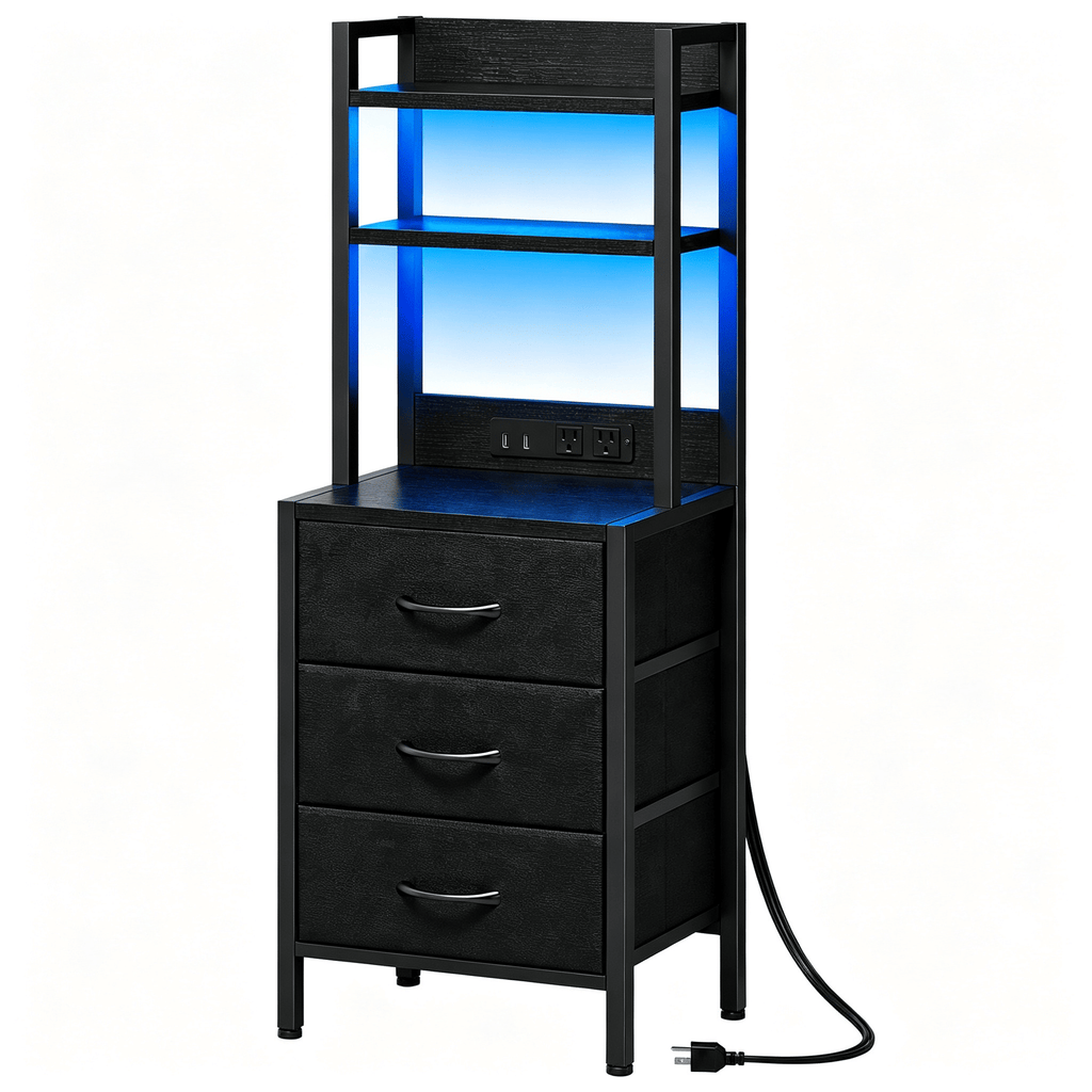 3-Drawer Nightstand with Charging Station and LED Light, Fabric Storage Dresser with 2-Tier Open Shelf, Wood Grain Bedside Table with Power Outlet and USB Ports, Black