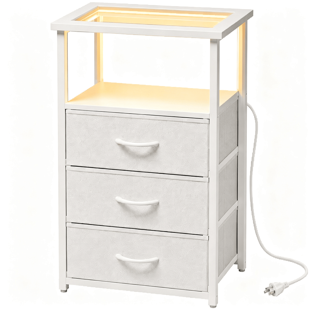 3 Drawer Nightstand with Charging Station, Glass Top End Table with Power Outlets and USB Ports, RGB LED Light Bedside Table with Open Shelf, White Fabric Drawer Side Table for Bedroom