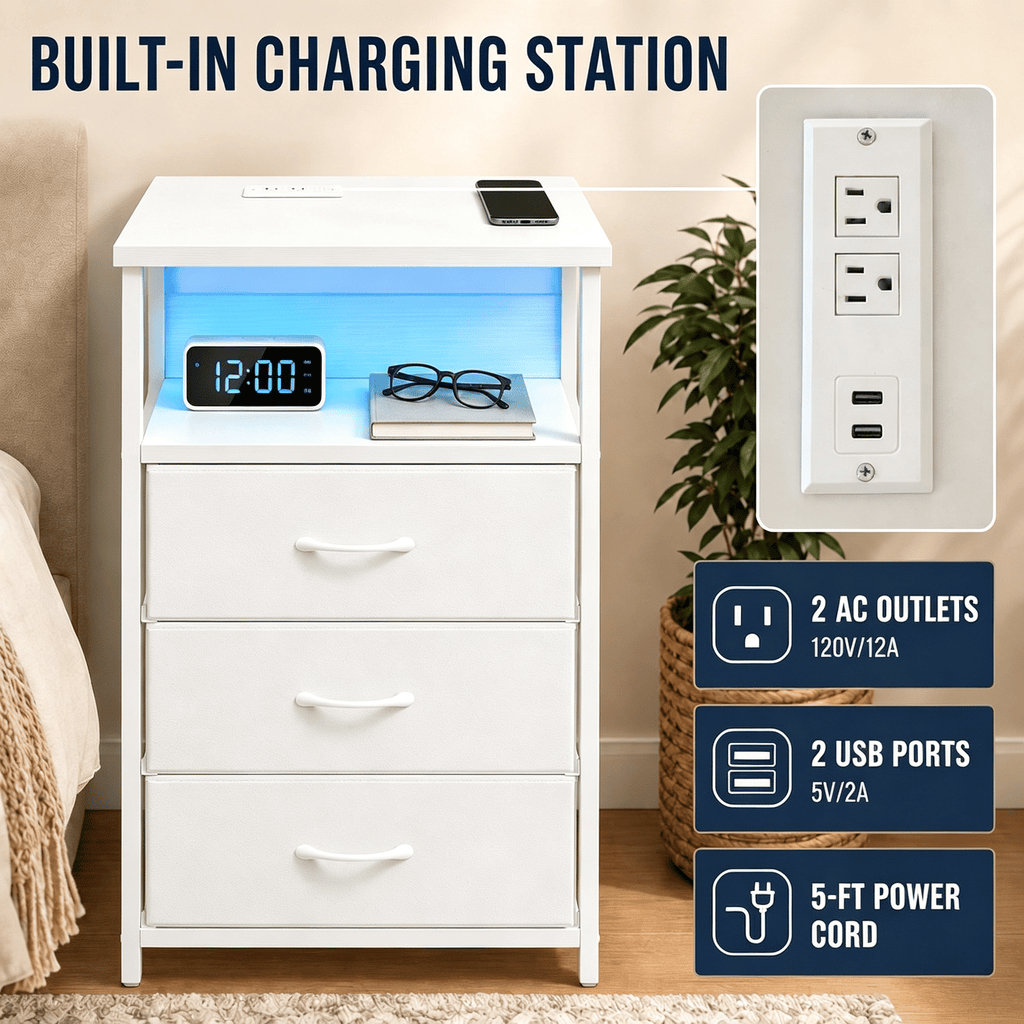 3-Drawer Nightstand with Charging Station, White Wood Grain End Table with Open Shelf and RGB Light Strip, Fabric Drawer Dresser for Bedroom Living Room