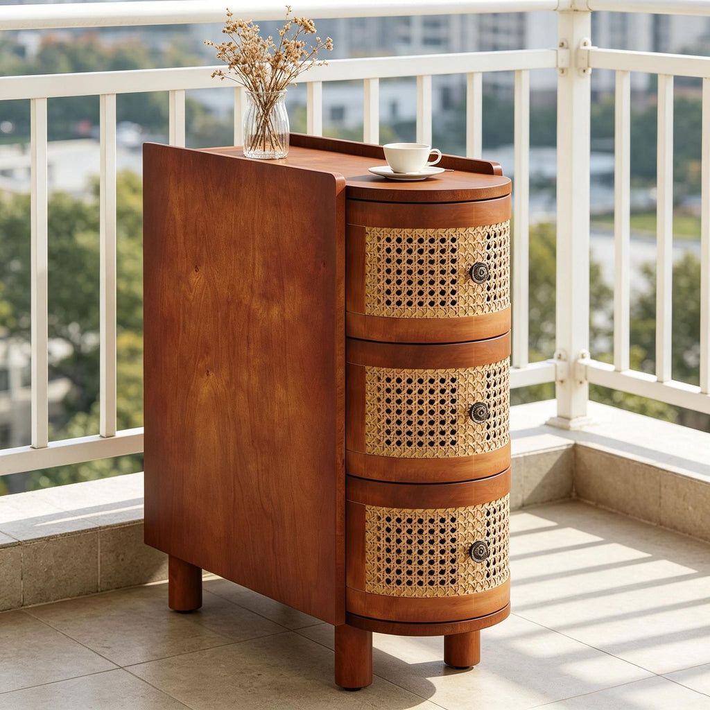 3-Drawer Rattan Nightstand Wooden End Table Side Tablefor Living Room Bedroom