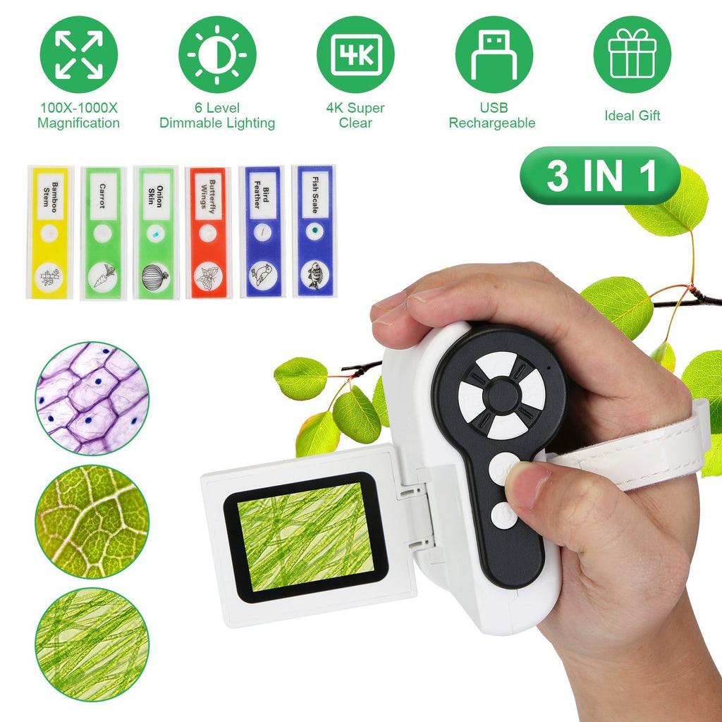3 In 1 1000X Kids' Microscope Telescope Camera Handheld USB Mini Microscope with LED Light 6 Sample Slides 32G MMC Card for Boys Girls Aged 6+ Years Old