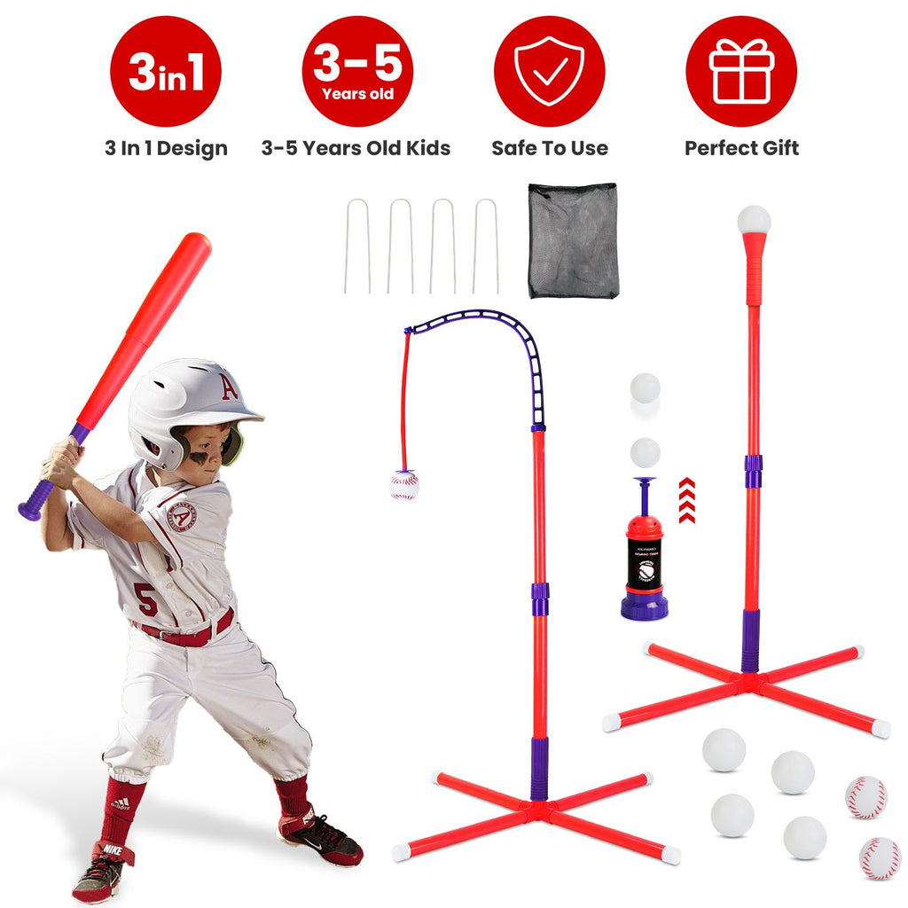 3-In-1 Baseball Toy Set For 3-5Years Old Kids And Toddlers Includes Tee Ball Stand Hanging Tee Automatic Ball Launcher with Adjustable Height For Indoor Outdoor Play Perfect Gift