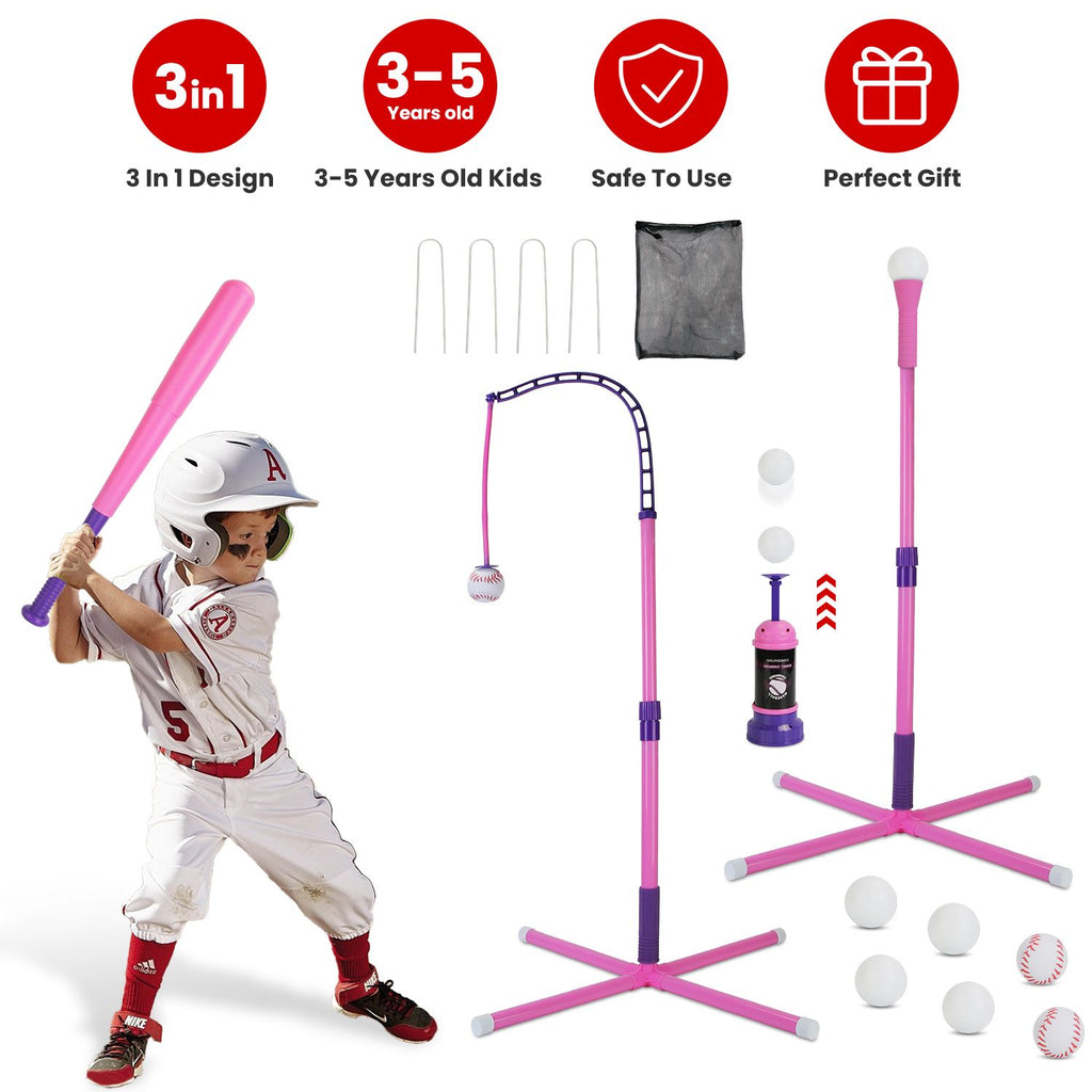 3-In-1 Baseball Toy Set For 3-5Years Old Kids And Toddlers Includes Tee Ball Stand Hanging Tee Automatic Ball Launcher with Adjustable Height For Indoor Outdoor Play Perfect Gift