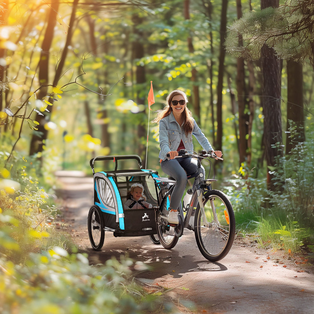 3-in-1 Bike Trailer for Kids, Running Stroller with 2 Seats, Jogging Cart with 5-Point Harness, Storage Units, Blue