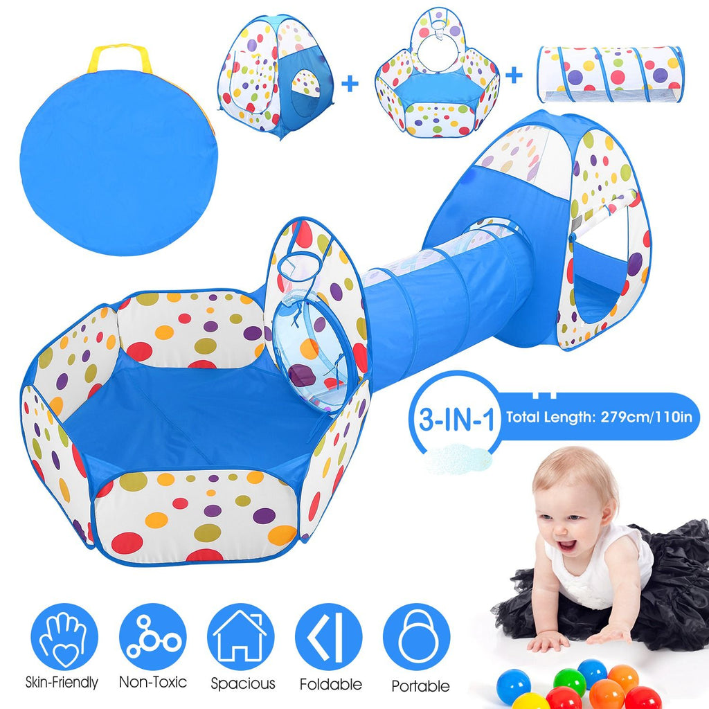 3 In 1 Child Crawl Tunnel Tent Kids Play Tent Ball Pit Set Foldable Children Play House Pop-up Kids Tent w/Storage Bag for Indoor Outdoor Travel Use