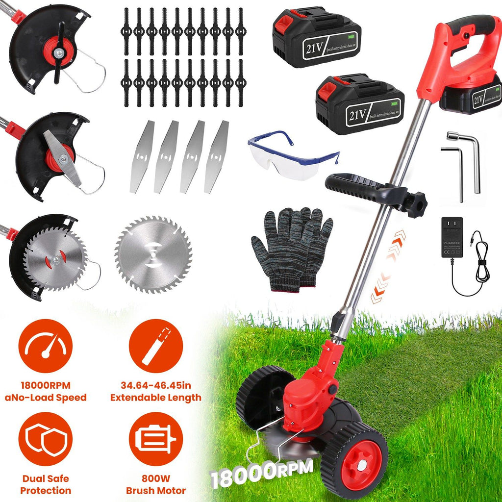 3 in 1 Electric Cordless Grass Wacker Battery Powered Grass Trimmer With Wheels Adjustable Head Extendable Length Rechargeable Lightweight Lawn Trimmer with 2Pcs 2500mAh Batteries