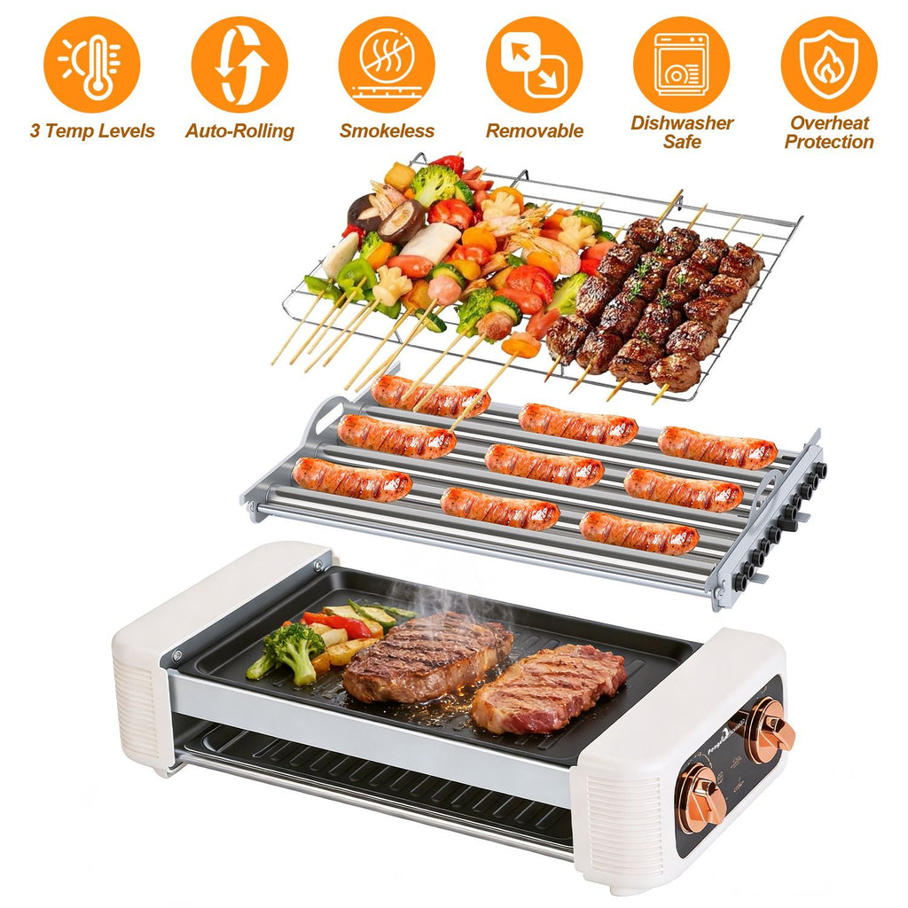 3 In 1 Electric Hot Dog Roller Machine with Grill & Griddle 6-Roller Hot Dog Cooker Smokeless Non-Stick Indoor Outdoor with 3 Temp Levels for BBQ Sausages Skewers Burgers Vegetables