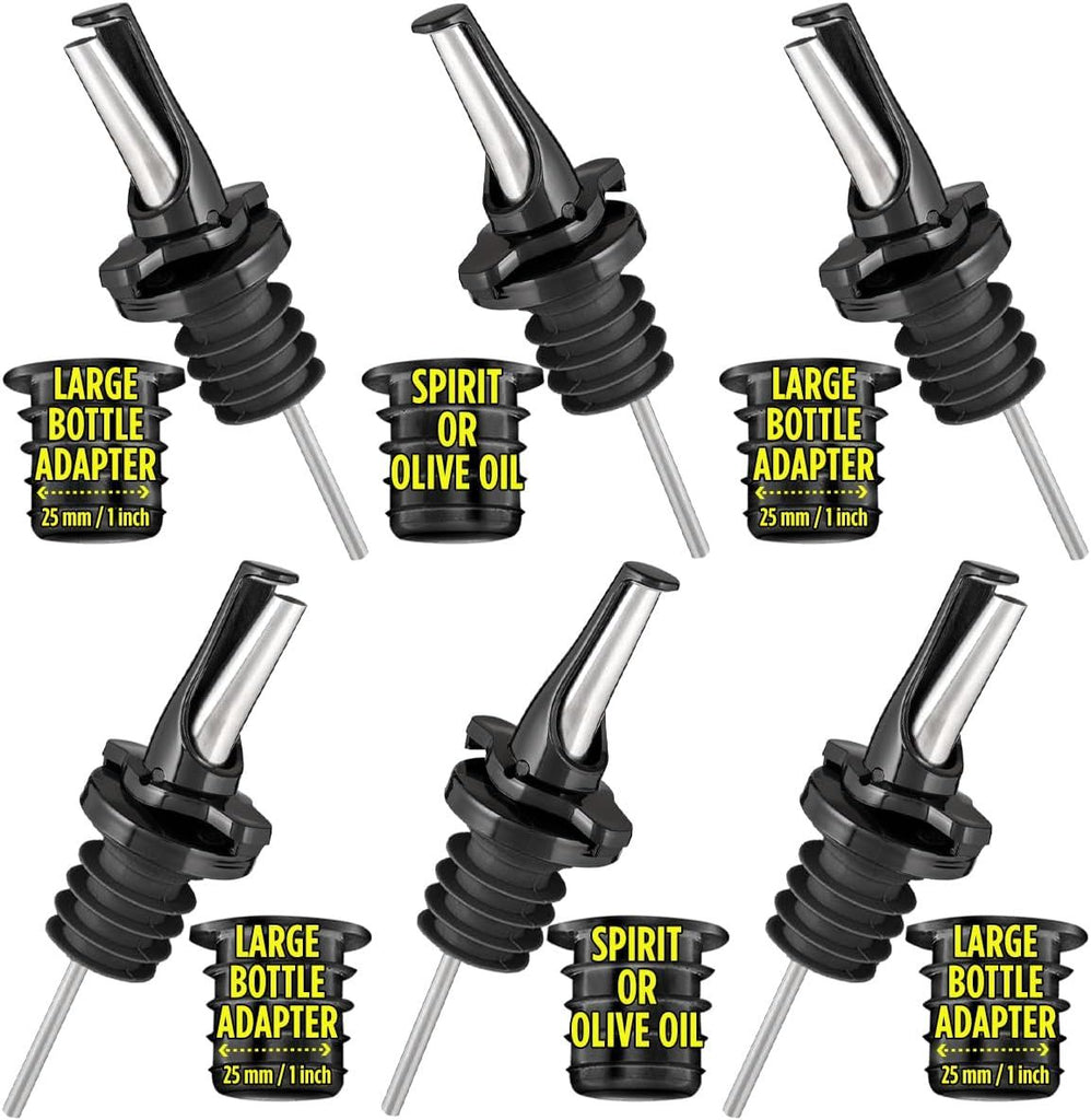 3-in-1 Liquor Pour spout with Built-in Fruit Fly Protection - Dishwasher Safe Hygienic Alcohol Speed Spouts - Also for Olive Oil, Juice, Syrup. Black 6 Pack with 6 Adapters for Large Neck Bottles