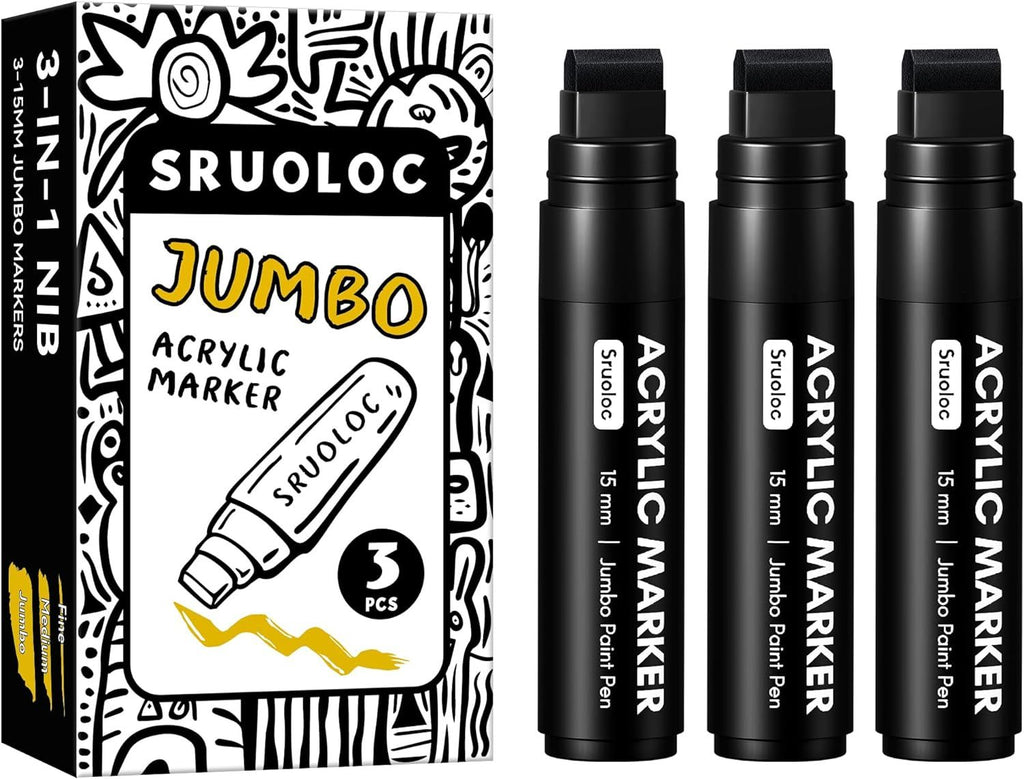 3 Jumbo Permanent Markers Black, 15mm Thick Wide Tip, Large Acrylic Paint Markers for Rock Painting, Poster, Stone, Ceramic, Glass, Wood,