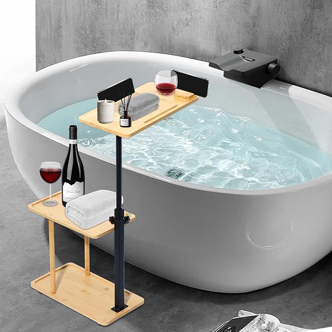 3 Layer Bath Tub Tray Table Liftable Freestanding Bamboo Bath Tray Caddy for Tub Against Wall Shelf Bathroom Organizer Shelf for Luxury Spa