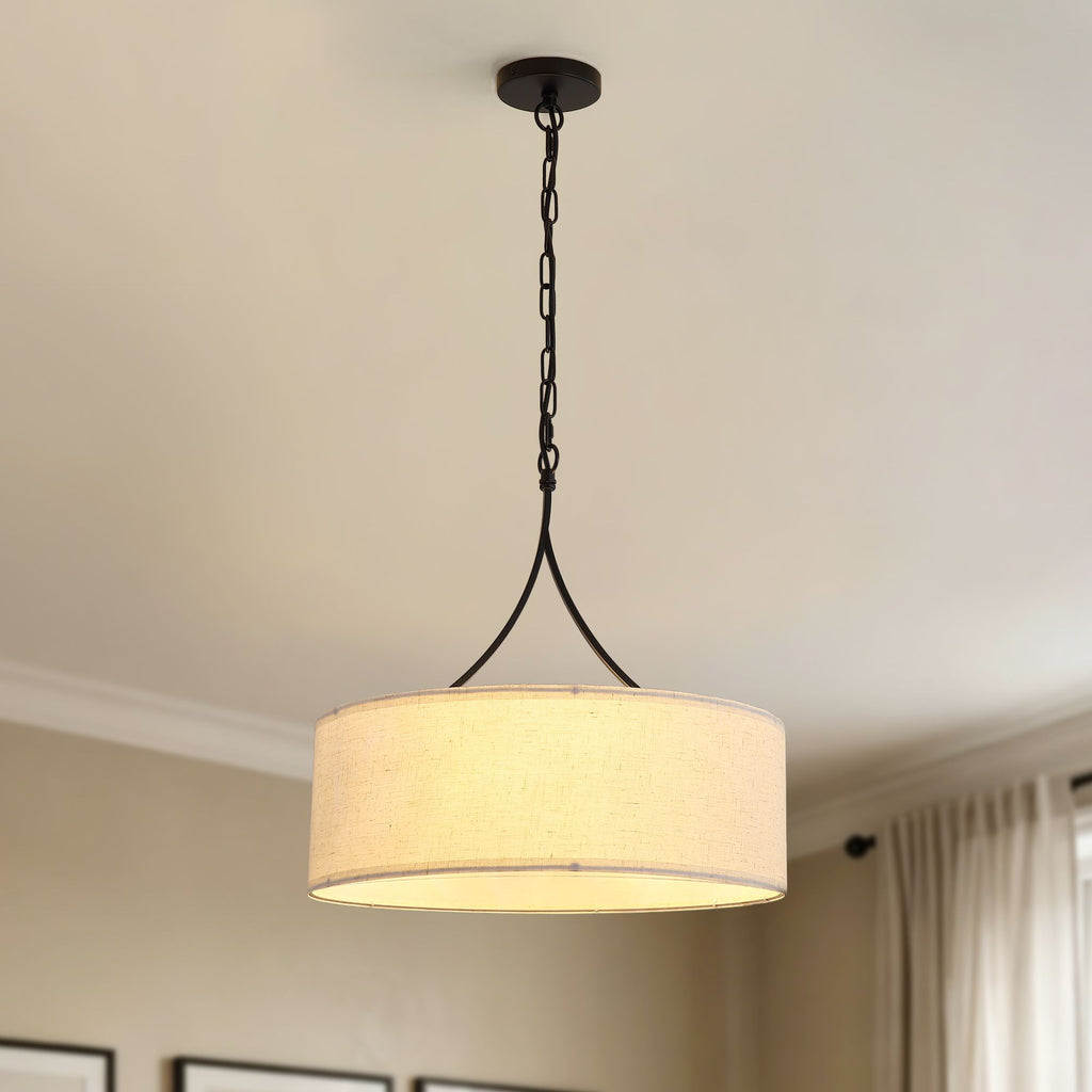 3-Light Gold Fabric Drum Pendant Light, Transitional Farmhouse Dining Room Chandelier Over Table, Adjustable Height Ceiling Light Fixture for Kitchen Island Living Room Entryway