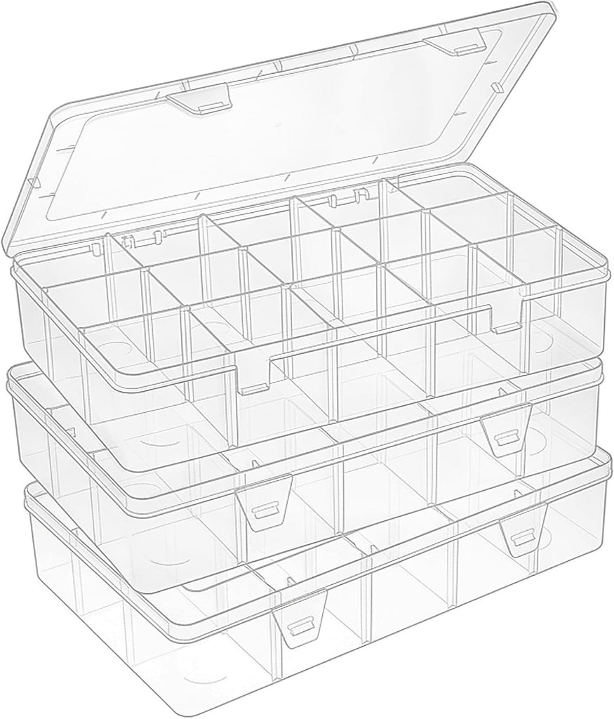 3 Pack 15 Grids Large Plastic Storage Organizer Box,15 Compartments with Dividers for Tackle Box, Beads, Washi Tape, Ribbon, Crafts, Art Supply 10.9X6.5X2.2inch
