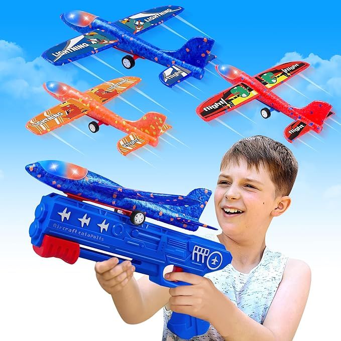 3 Pack Airplane Launcher Toys, 2 Flight Modes LED Foam Glider Catapult Plane, Outdoor Flying Toy for Kids, Birthday Gifts for Boy Girl 6+ Year Old, B-Day Party SupplY
