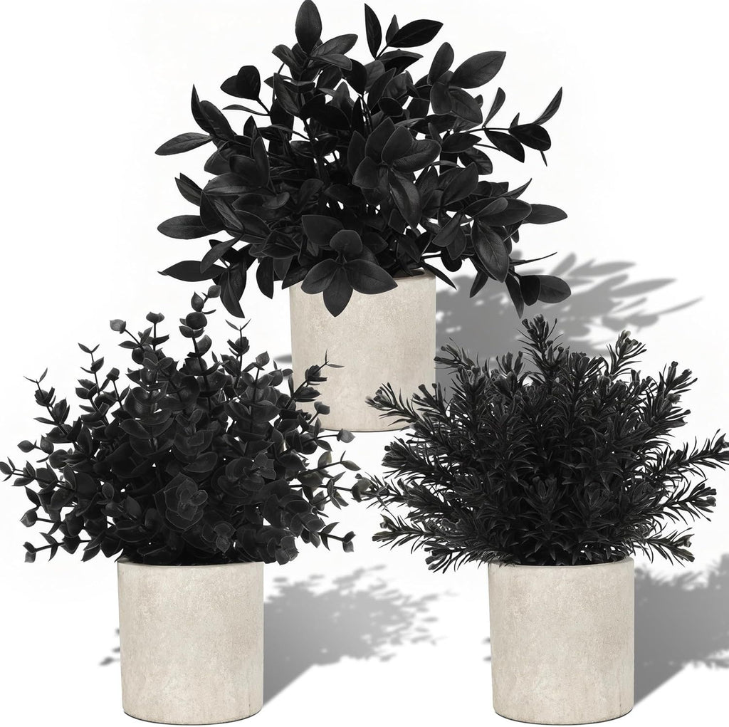 3 Pack Black Fake Plants Artificial Eucalyptus Plants Topiaries for Decorations Bathroom Accessories Home Office Desk Farmhouse Room Table Shelf Decor(Black)