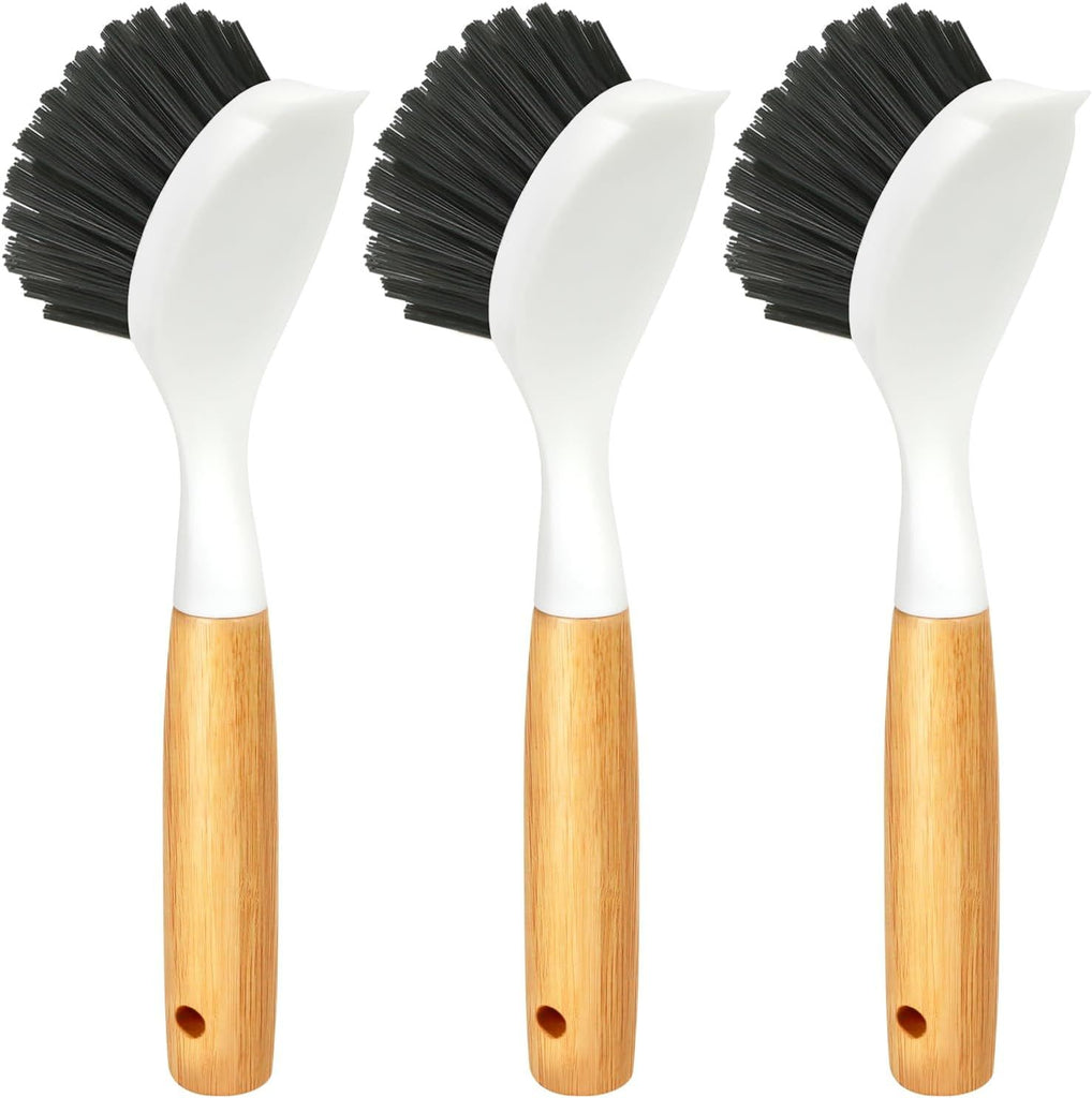 3 Pack Cast Iron Brush and Scraper with Bamboo Handle – Skillet Scrubber with Tough Nylon Bristles, Kitchen Cleaner for Cleaning Skillet, Grill Pan, Dark Gray