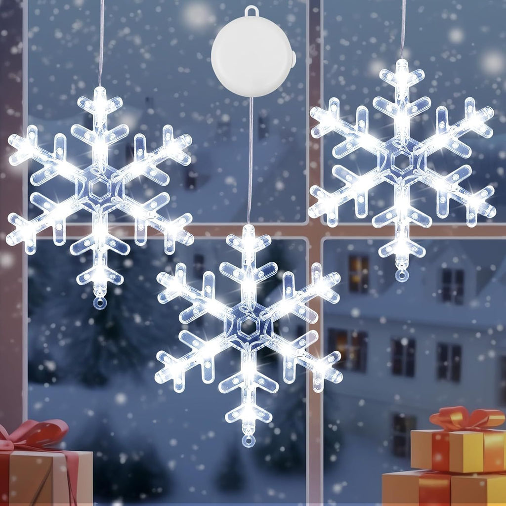 3 Pack Christmas Window Lights, Cool White Stars, Battery Operated Christmas Window Decorations Light up with Suction Cup and Timer Function for Window Glass Wall Decor