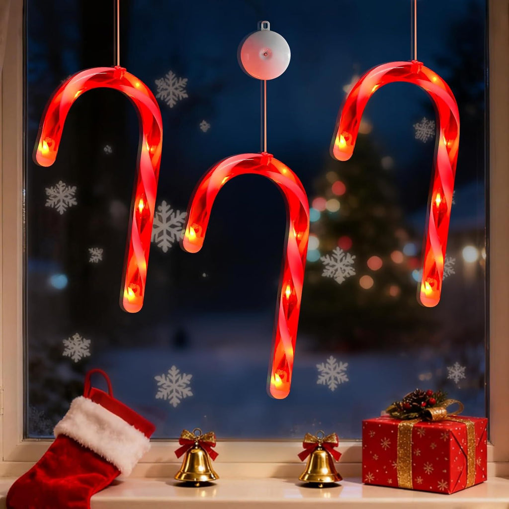 3 Pack Christmas Window Lights Decorations with Timer,Battery Powered Red Lighted Candy Cane LED String Sucker for Xmas 2026 Hanging Fireplace Window Indoor Decor