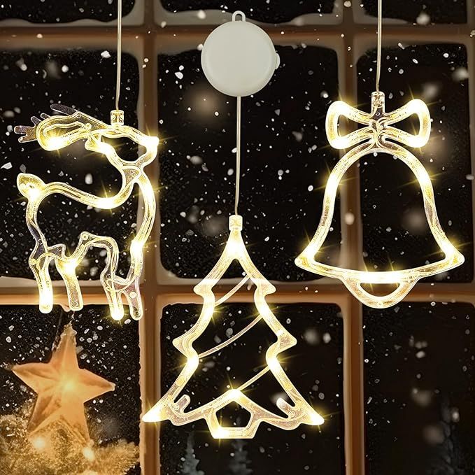 3 Pack Christmas Window Lights, Warm White X-Mas Tree, Reindeer, Bell Lights, Battery Operated Christmas Window Decorations Light up with Suction Cup and Timer Function for Window Glass Wall Decor