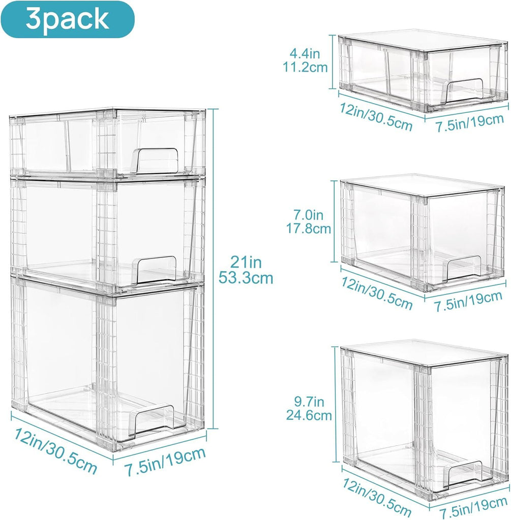 3 Pack Clear Stackable Storage Drawers,Easy to Assemble Bathroom Organizers and Storage with handles,Plastic Drawers for Kitchen Pantry,Cabinet,Under Sink Organization
