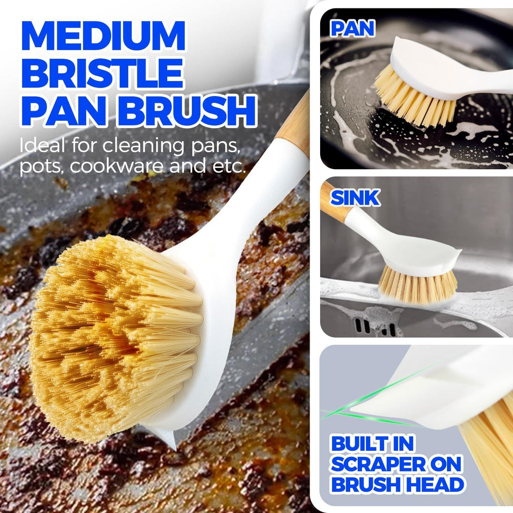 3 Pack Dish Brush Set with Bamboo Handle, Kitchen Brushes for Cleaning Pot, Sink and Stove, Skillet Scrubber with Tough Bristles for Cast Iron Grill Pan, Yellow White Black