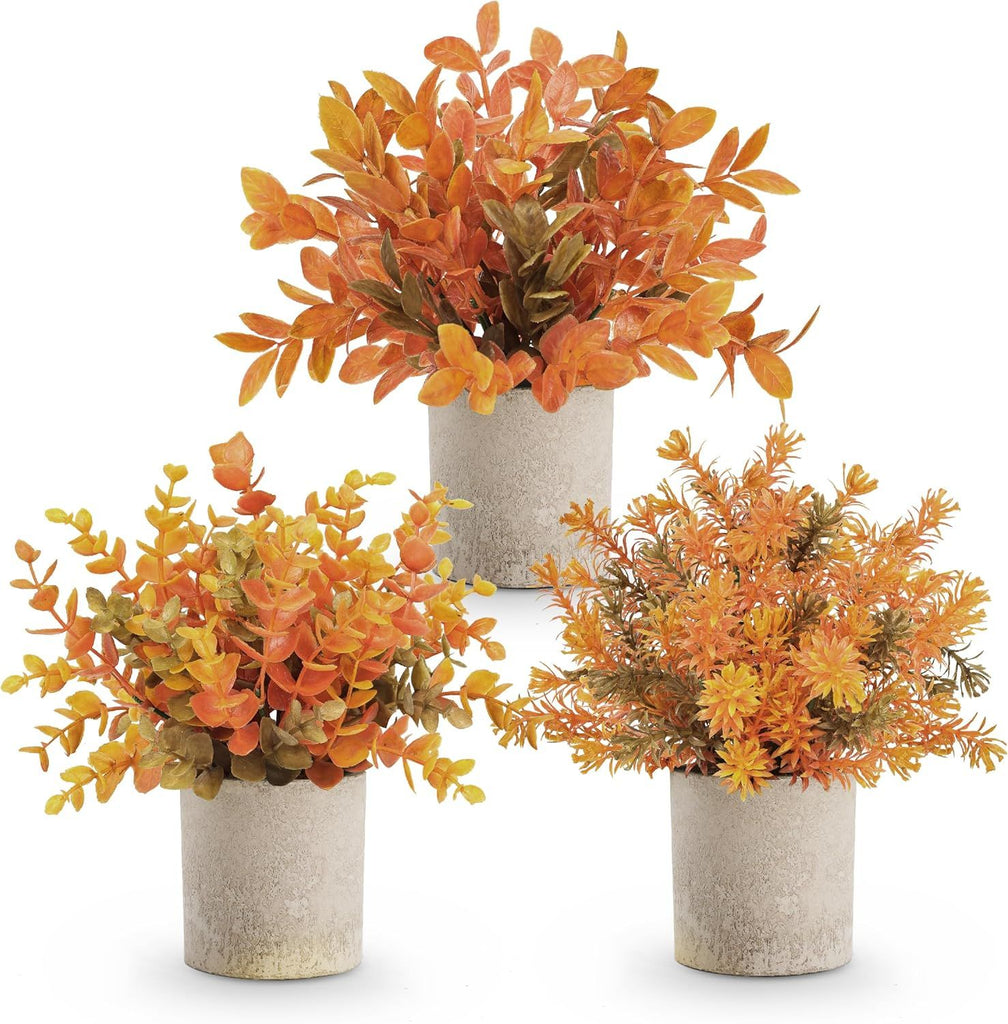 3 Pack Fall Potted Fake Plants Artificial Plastic Eucalyptus Plants Topiaries Fall Decorations for Home Office Desk Farmhouse Room Bathroom Fall Decor