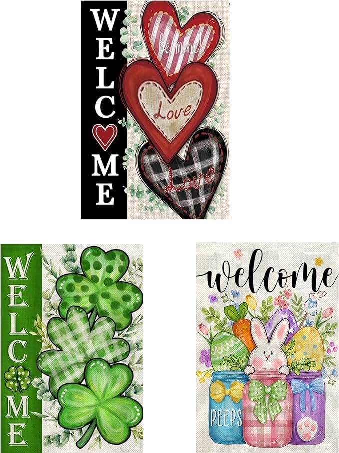3 Pack Happy Valentines Day Garden Flag St Patricks Day Garden Flag Easter Garden Flags 12 x 18 inch Double Sided Outside decorations,Holiday Small Garden Flags For Outdoor Yard Lawn