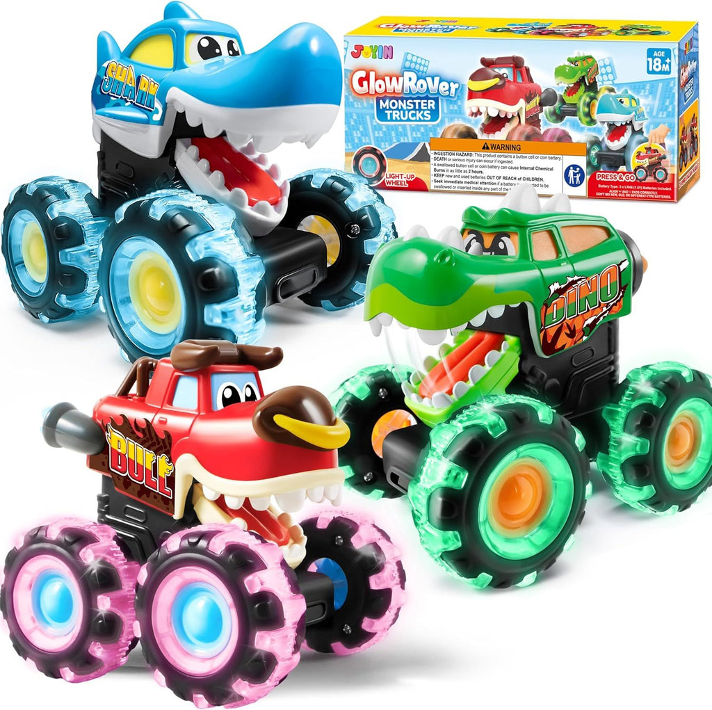 3 Pack Monster Truck Toy - Motion Activated Light Up Cars for Toddlers - Monster Glow Rover LED Wheels - Baby Boy Toys - Press and Go Dinosaur Trucks for Kids Boy Birthday Gifts