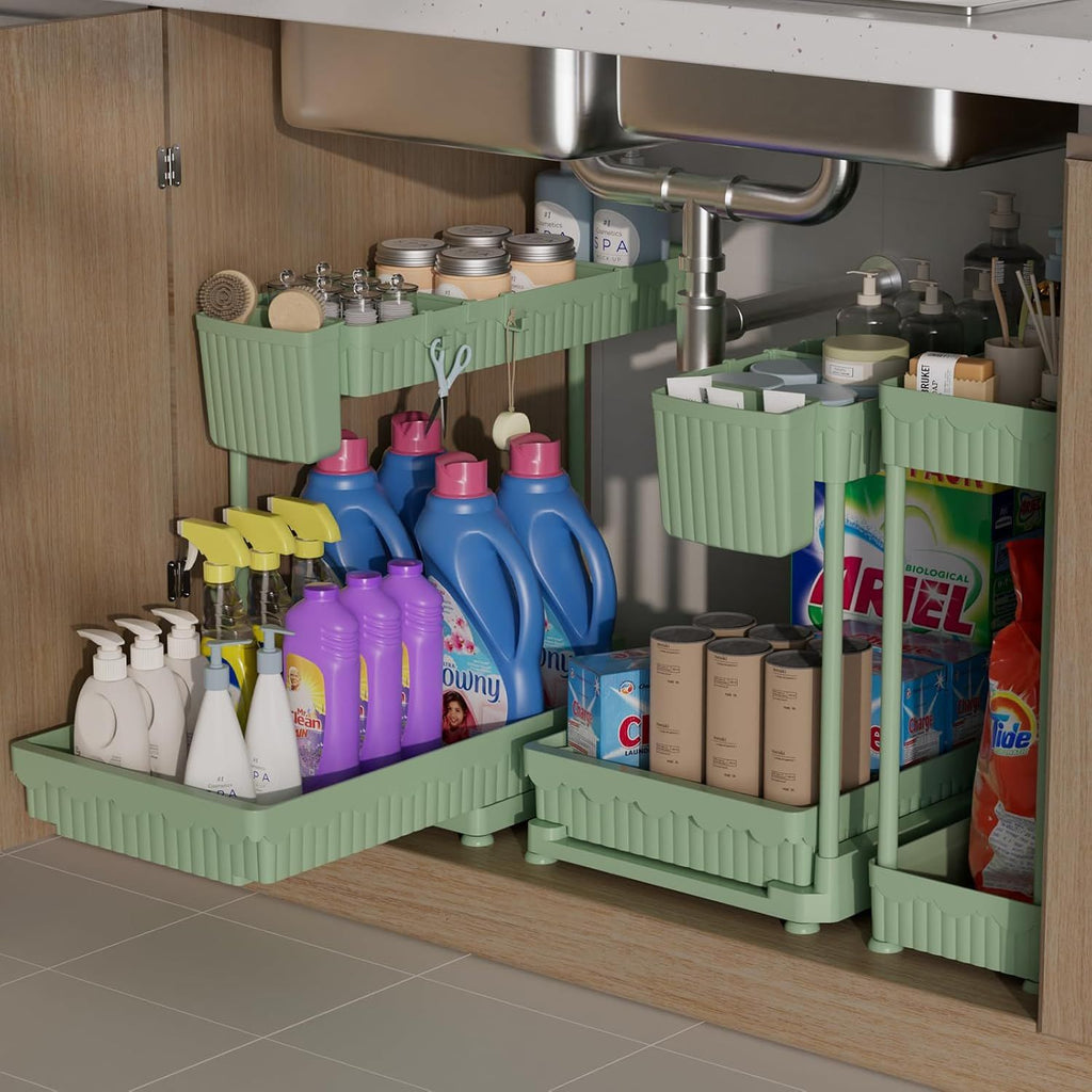 3 Pack Multi-Purpose Under Sink Organizers and Storage, 2026 L-Shaped Pull Out Cabinet Organizer for Bathroom & Kitchen, Under Cabinet Organizer with Hooks Hanging Cup (Green, 12.85 inch)