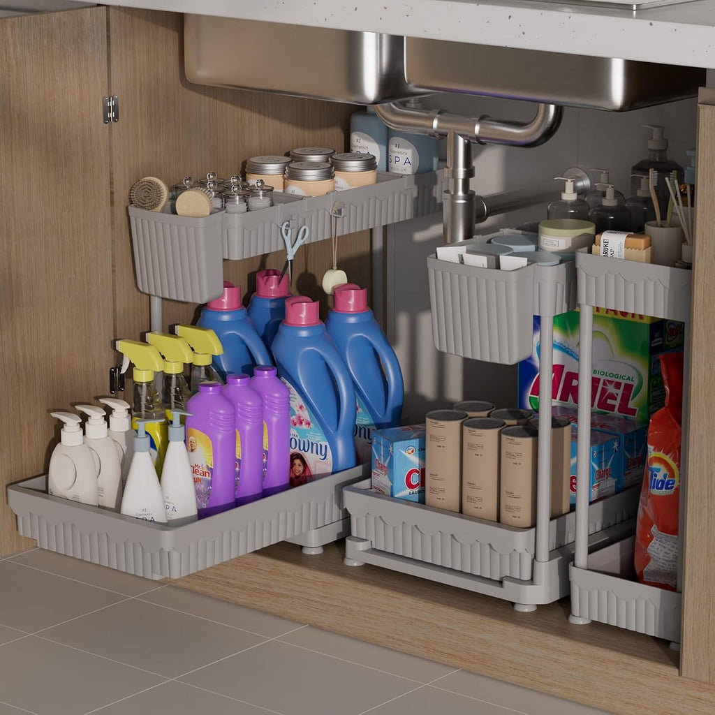 3 Pack Multi-Purpose Under Sink Organizers and Storage, 2026 L-Shaped Pull Out Cabinet Organizer for Bathroom & Kitchen, Under Cabinet Organizer with Hooks Hanging Cup (Grey, 12.85 inch)