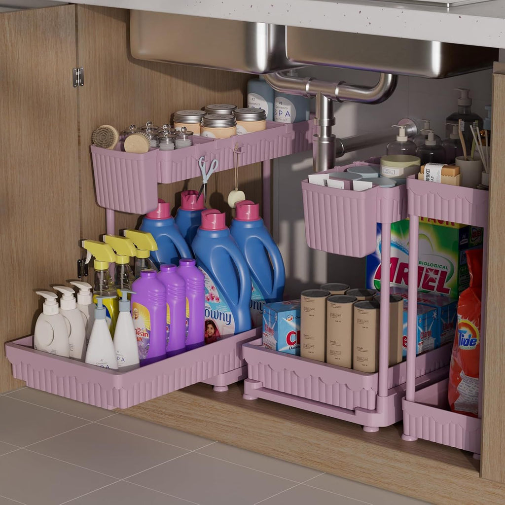 3 Pack Multi-Purpose Under Sink Organizers and Storage, 2026 L-Shaped Pull Out Cabinet Organizer for Bathroom & Kitchen, Under Cabinet Organizer with Hooks Hanging Cup (Pink, 12.85 inch)