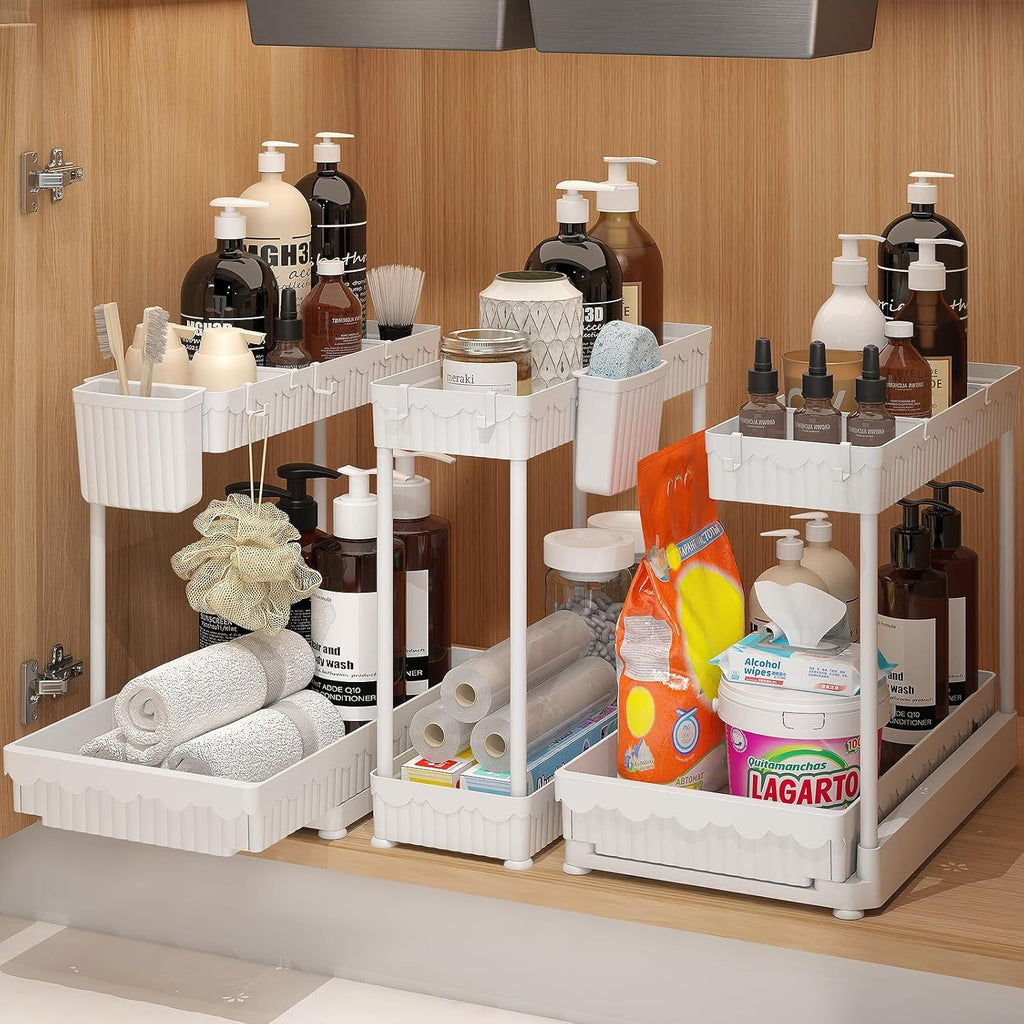 3 Pack Multi-Purpose Under Sink Organizers and Storage, 2026 L-Shaped Pull Out Cabinet Organizer for Bathroom & Kitchen, Under Cabinet Organizer with Hooks Hanging Cup (White, 12.85 inch)