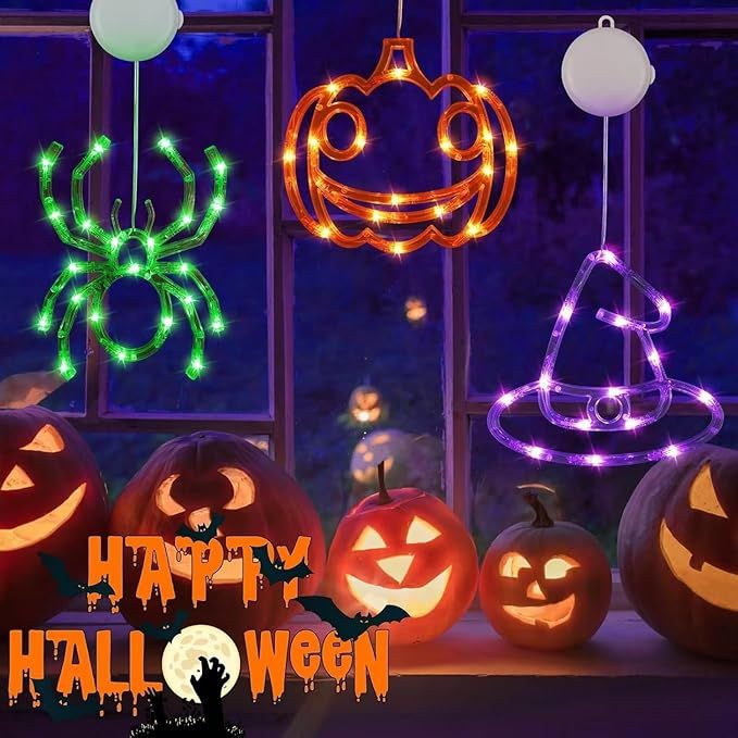 3 Pack Orange Pumpkin Purple Witch Hat Green Spider Battery Operated Halloween String Light, Window Light with Suction Cup and Timer Function for Indoor Outdoor Halloween Party Decorations