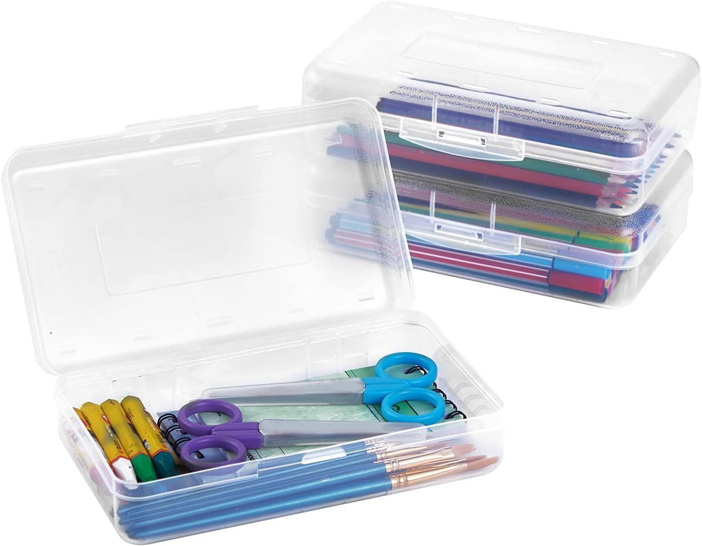 3 Pack Pencil Case, Large Hard Pencil Box Bulk, Clear Crayon Box Marker Pen Organizer, Plastic Storage Container with Snap Lid, Stackable Art Craft Organizer Back to School Supplies, Clear