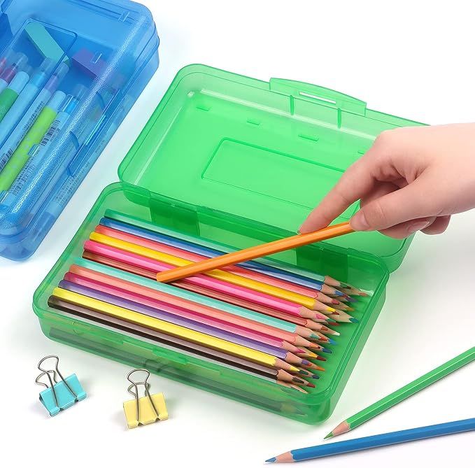 3 Pack Plastic Pencil Box Large Capacity Pencil Boxes Clear Boxes with Snap-tight Lid Stackable Design and Stylish Office Supplies Storage Organizer Box, Blue, Green, Pink