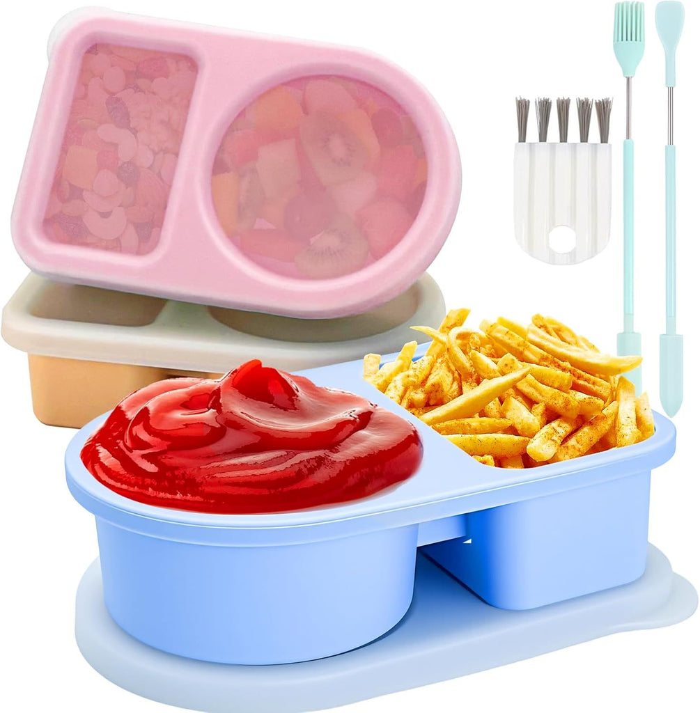 3 Pack Reusable Silicone Snack Containers with Semi-Transparent Lids, Small Leak-Proof 2 Compartment Condiment Container for Sauce, Fruit, Portable Food Storage Box for Office, Travel, Outdoors