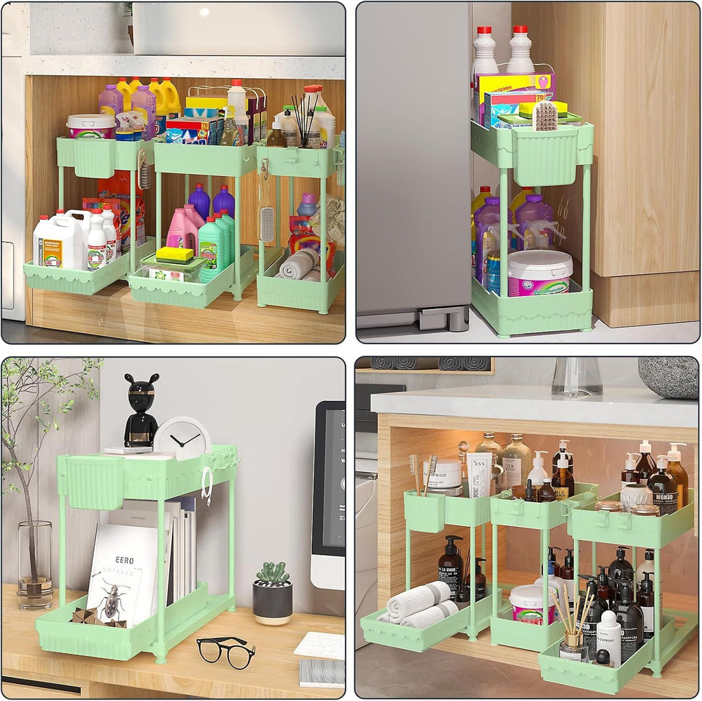 3 Pack Under Sink Organizers, 2-Tier Multi-Use Kitchen and Bathroom Organizers and Storage with Sliding Drawers, Bathroom Cabinet Organizer (Green, 12.8 Inch)