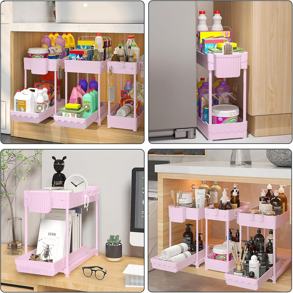 3 Pack Under Sink Organizers, 2-Tier Multi-Use Kitchen and Bathroom Organizers and Storage with Sliding Drawers, Bathroom Cabinet Organizer (Pink, 12.8 Inch)