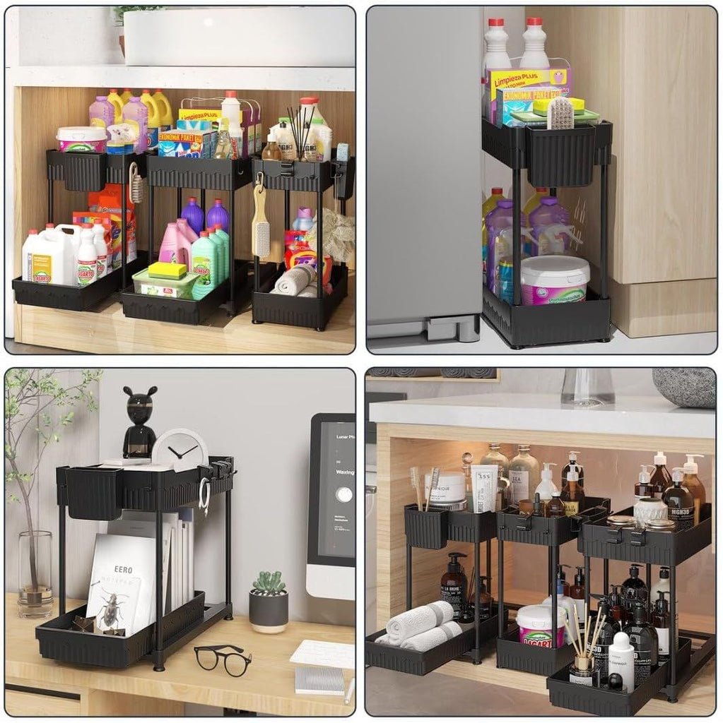 3 Pack Under Sink Organizers,2-Tier Multi-Use Kitchen and Bathroom Organizers and Storage with Sliding Drawers,Bathroom Cabinet Organizer (Black,12.8 Inch)