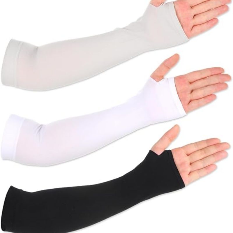 3 Pairs Arm Sleeves with Thumb Hole, Compression Long Summer Sun Arms Cover Sleeves Tattoo Cover Women Men UV Protection Elbow Sleeves for Sports Workouts Cycling Driving(White, Black, Gray)