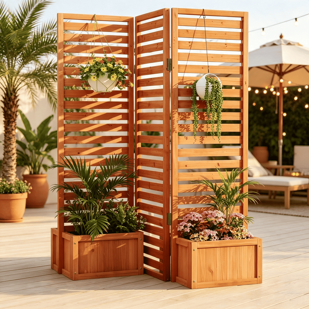 3-Panel  Freestanding Garden Fence with 2 Self-Draining Planter Boxes Outdoor Decorative Privacy Screen