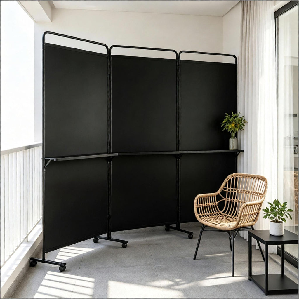 3-Panel Room Divider with Shelves 6FT Tall Folding Privacy Screen Partition with Lockable Wheels for Home Office Organization